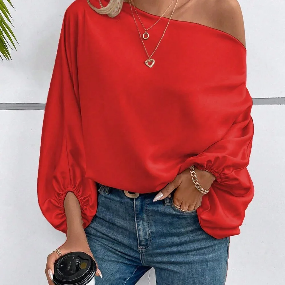Red Orange Casual Women's One Shoulder Lantern Sleeve Blouse - Picture 5 of 5
